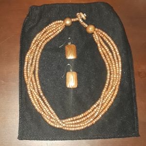 Multistrand brown & gold beaded necklace & earring